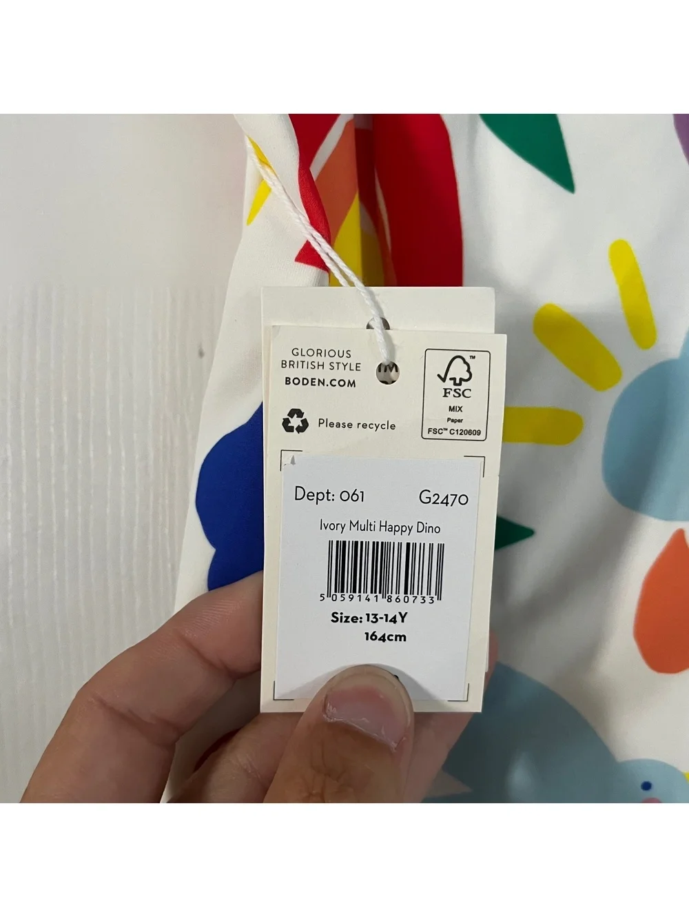 Boden Ivory Multi Happy Dino Girls' Swimsuit Size 13-14Y